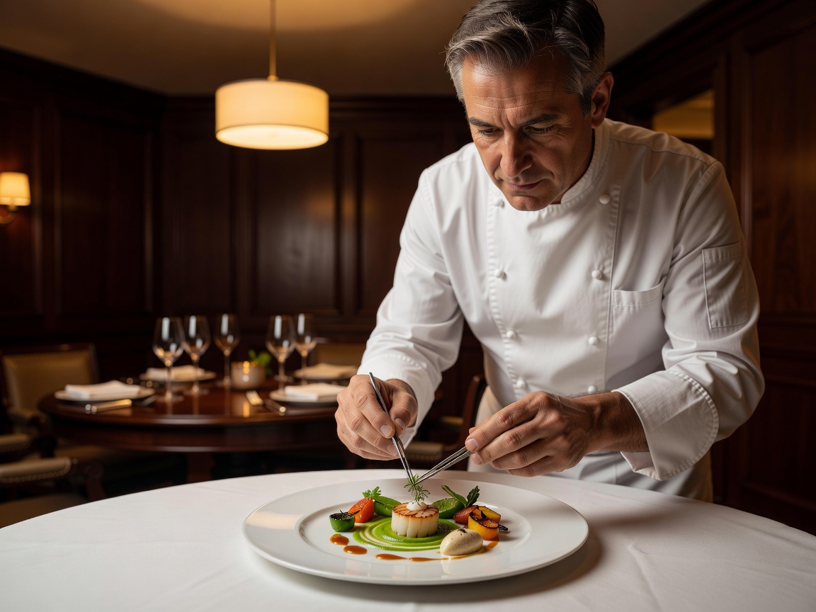 A master chef plating an intricate dish in a softly lit, private dining room