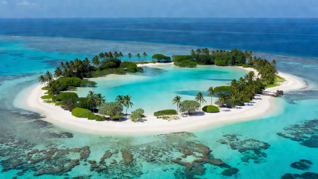 Aerial view of a secluded tropical atoll surrounded by turquoise waters