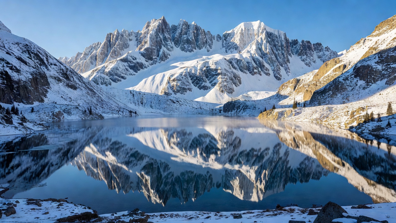 Rugged, snow-capped mountains reflecting in a glacial lake